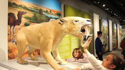 Young girls touching the mouth of the barbourofelis fricki model in the Cherish Nebraska exhibit