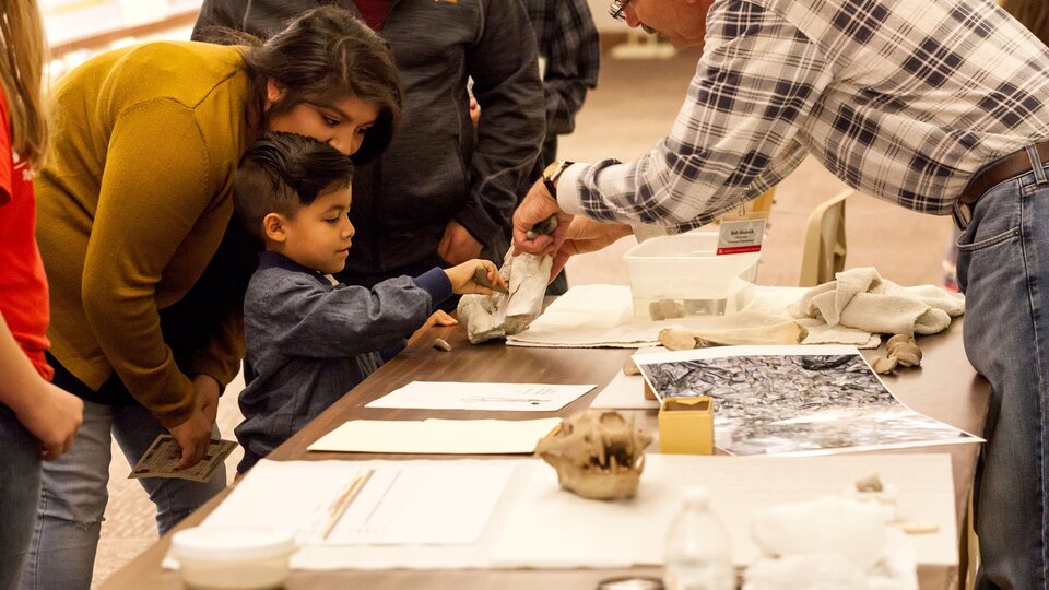 A mother whispers into her sons ear as he carefully manipulates an archeologists tool on a bone held by an interactive learning volunteer.