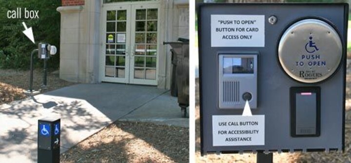 East entrance of Morrill Hall with inset photo of call box