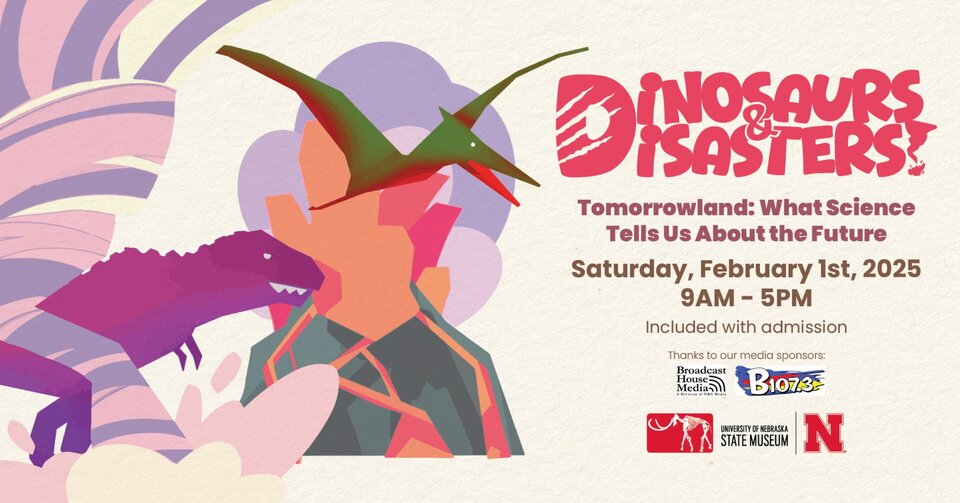 Dinosaurs and Disasters graphic of tornado, volcano, pterodactyl, and t-rex on left. Event information on right side