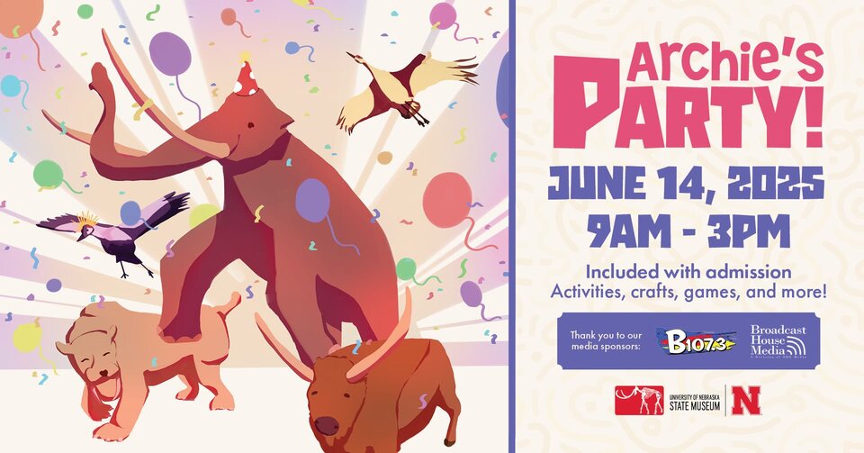 Archie mammoth, barbourfelis, and bison graphic on left side with balloons and confetti and event graphic information on right side
