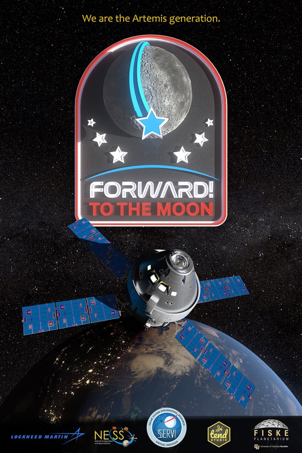 Forward to the Moon show poster. Satellite in space above earth. 