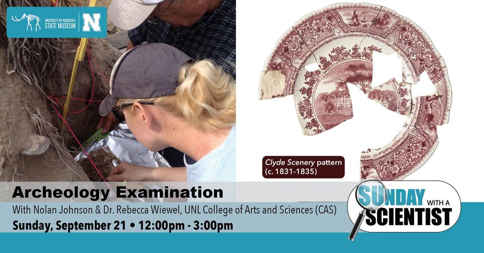 Promotional graphic for the event with date, time and photo of researchers excavating an artifact in the field. 
